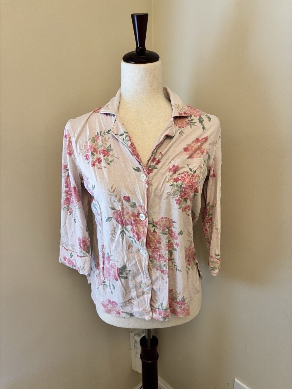 Lauren Ralph Lauren Monogram Pajama Button-Up top Baby Pink Floral Size Petite S